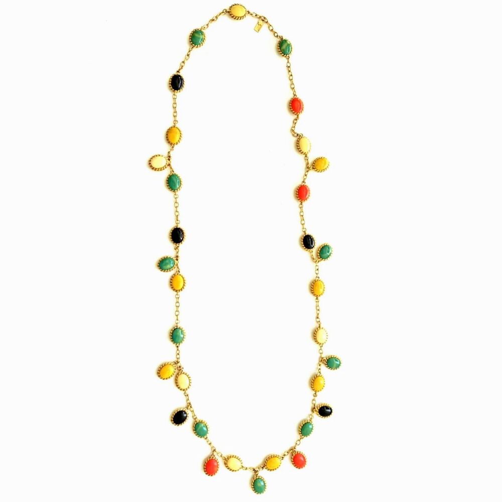 Kate Spade Roped In Multicolor Oval Cabochon Stone Gem Necklace Gold Tone